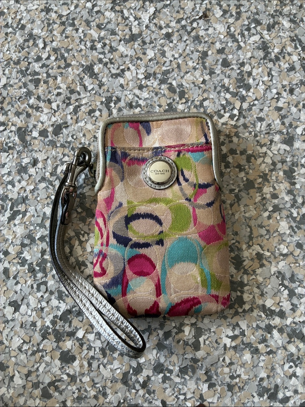Coach Multicolor Signature Wristlet in Pink Blue Green Cream with Silver Trim